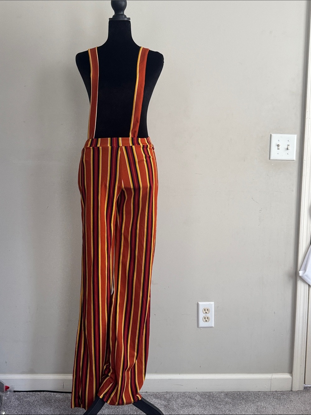 Striped Wide-Leg Suspender Pants in Burgundy and Mustard